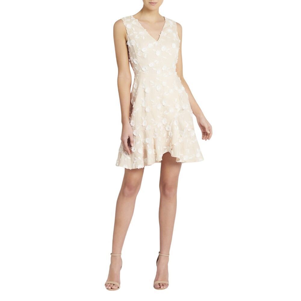 Rebecca Taylor Nicola Cream Floral Applique Mini Dress‎ Ruffle Hem Sz 0